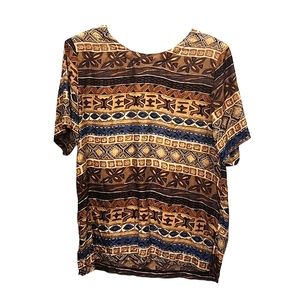 ⭐STUNT collection vintage 100%silk brown/ cream/ blues tribal printed top size S